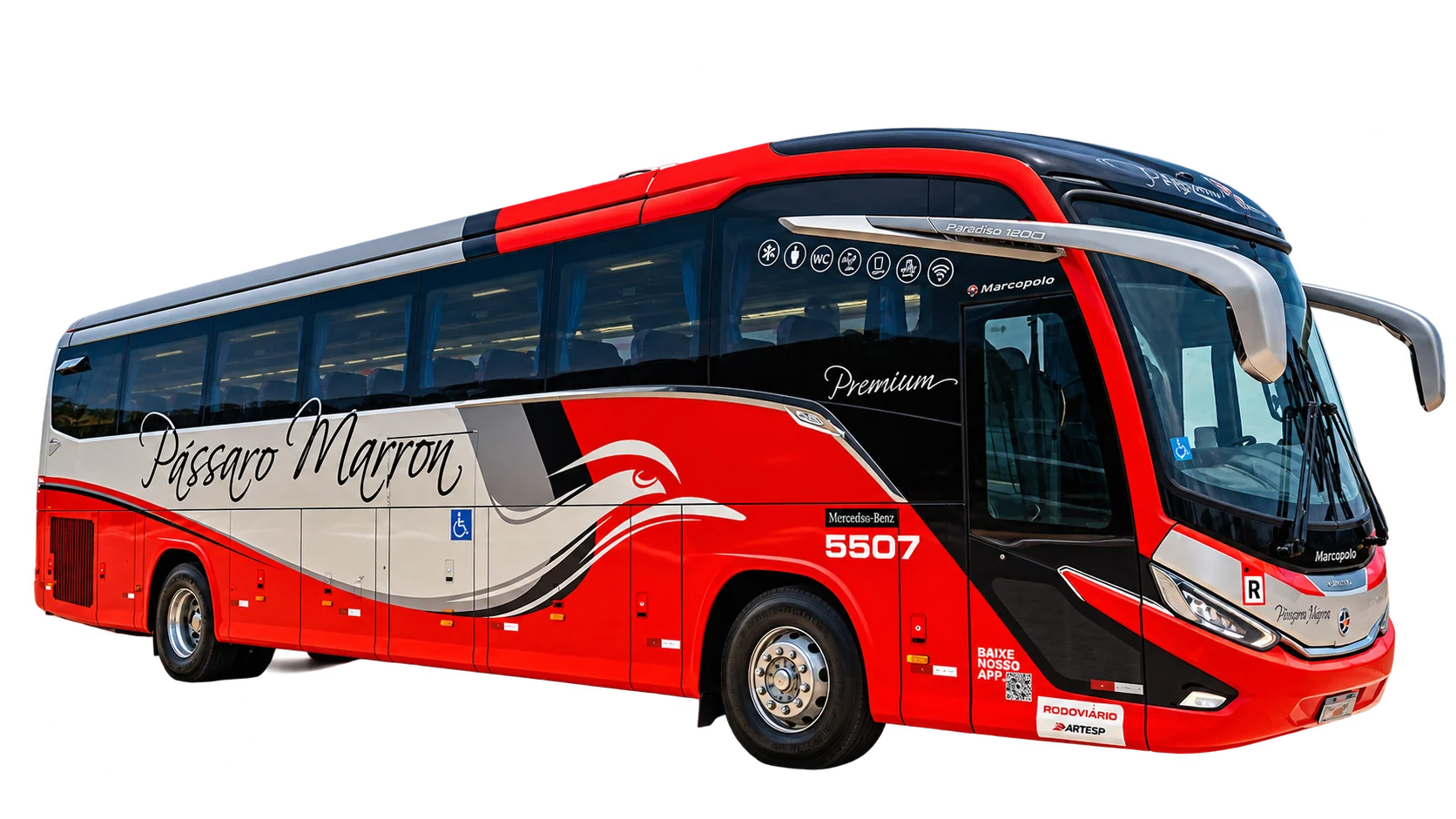 Ônibus rodoviário Pássaro Marron, modelo Marcopolo Paradiso 1200 com chassi Mercedes-Benz, em vista três-quartos: carroceria vermelha com faixa prata, grafismo de asa em vermelho, prata e grafite e o nome Pássaro Marron em caligrafia na lateral.