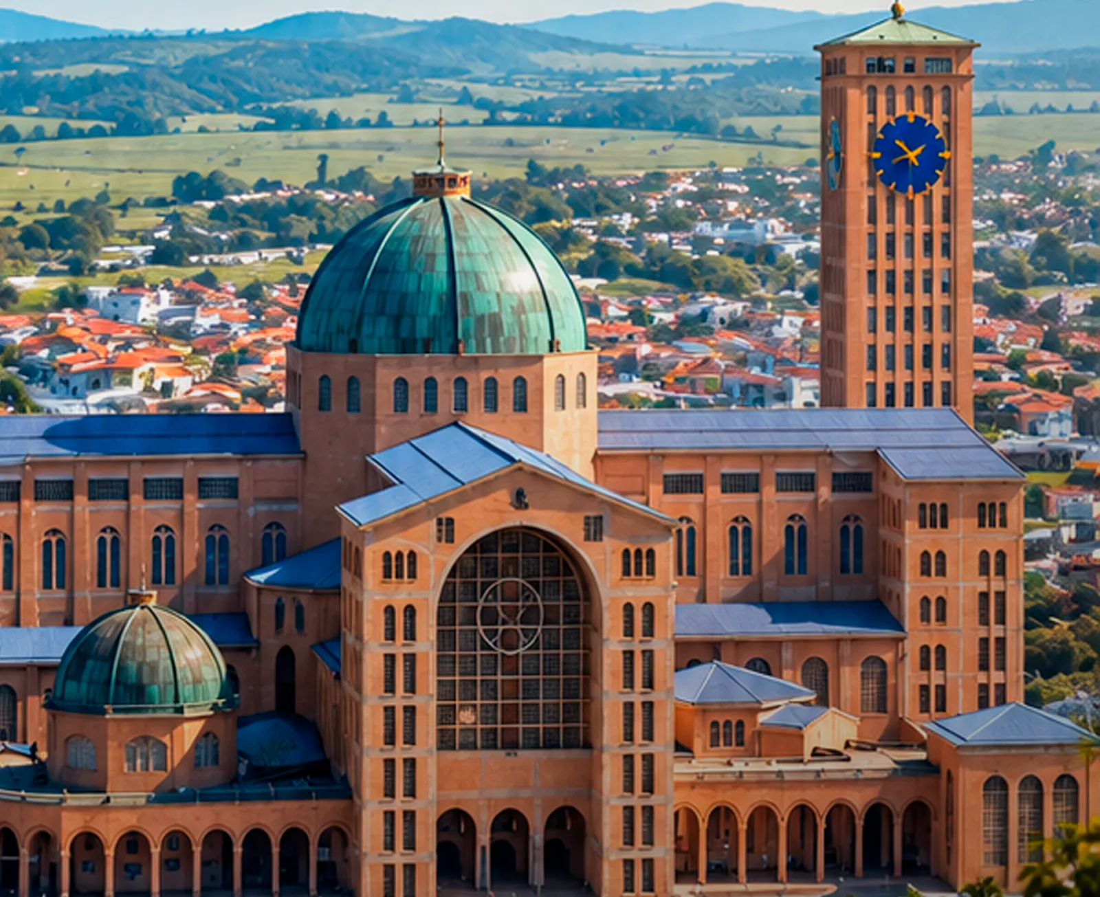 Ilustração da Basílica de Aparecida, com cúpula verde e torre do relógio, cercada pela cidade e por morros.