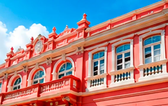 Fachada histórica rosada com sacadas e janelas brancas.