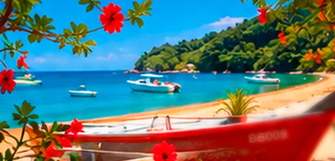 Praia com barcos ancorados, flores vermelhas em primeiro plano e montanha ao fundo.