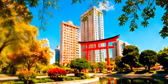 Praça arborizada com portal oriental vermelho, lago e prédios ao fundo.
