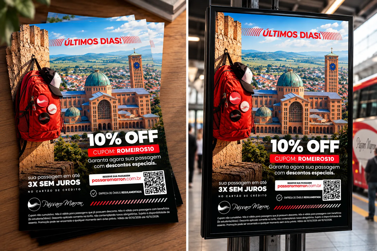 Mockup de cartaz impresso “Últimos dias — 10% OFF” com a Basílica de Aparecida, aplicado em folhetos sobre uma mesa e num painel de ponto de ônibus.