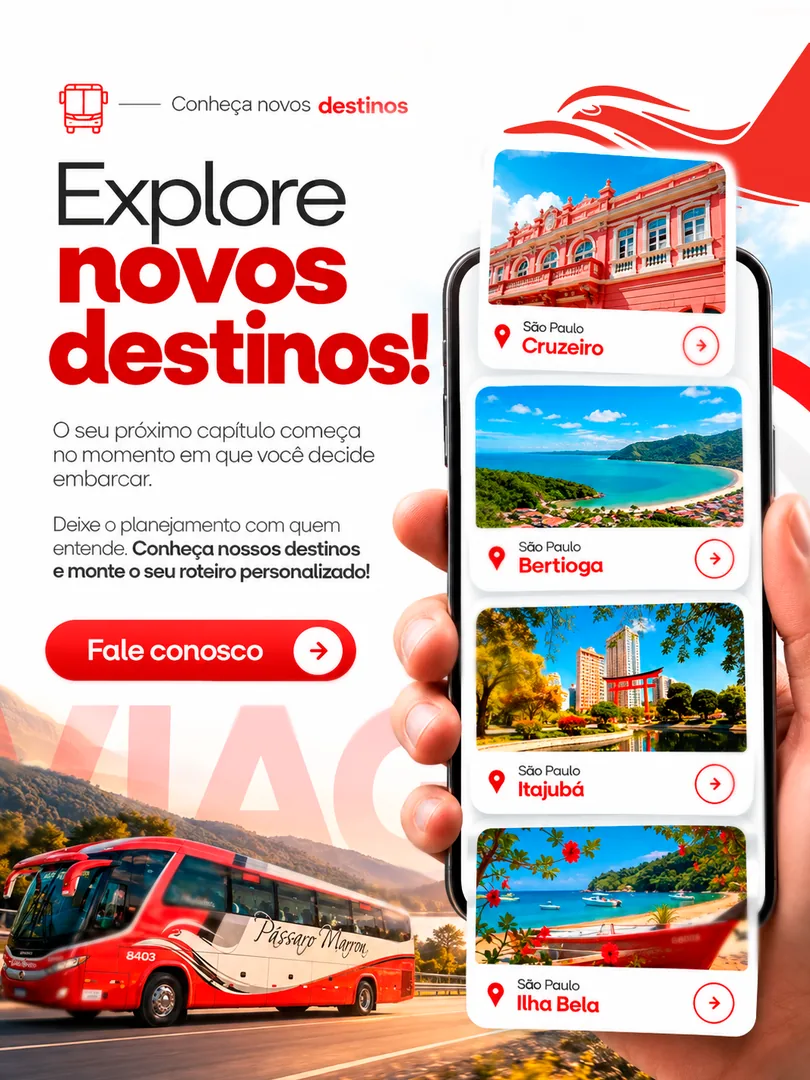 Post com um celular exibindo cards de destinos e o título “Explore novos destinos”.