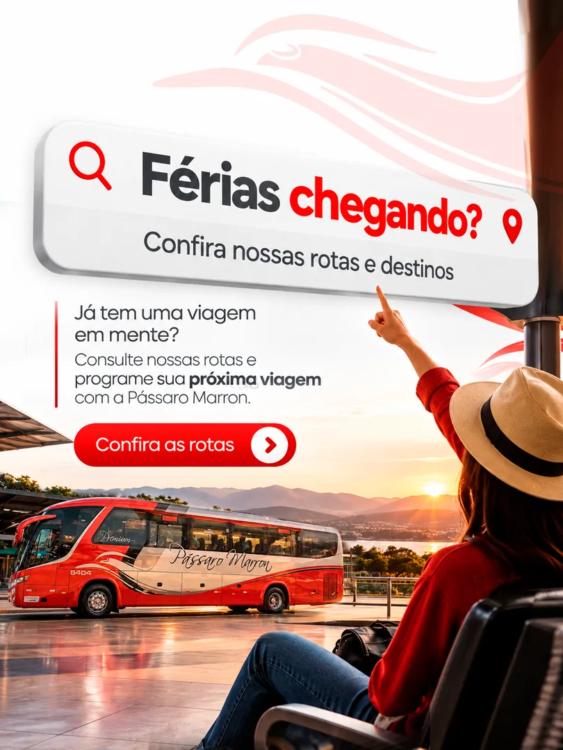 Post com uma barra de busca gigante escrita “Férias chegando?” e uma passageira apontando para ela num terminal.
