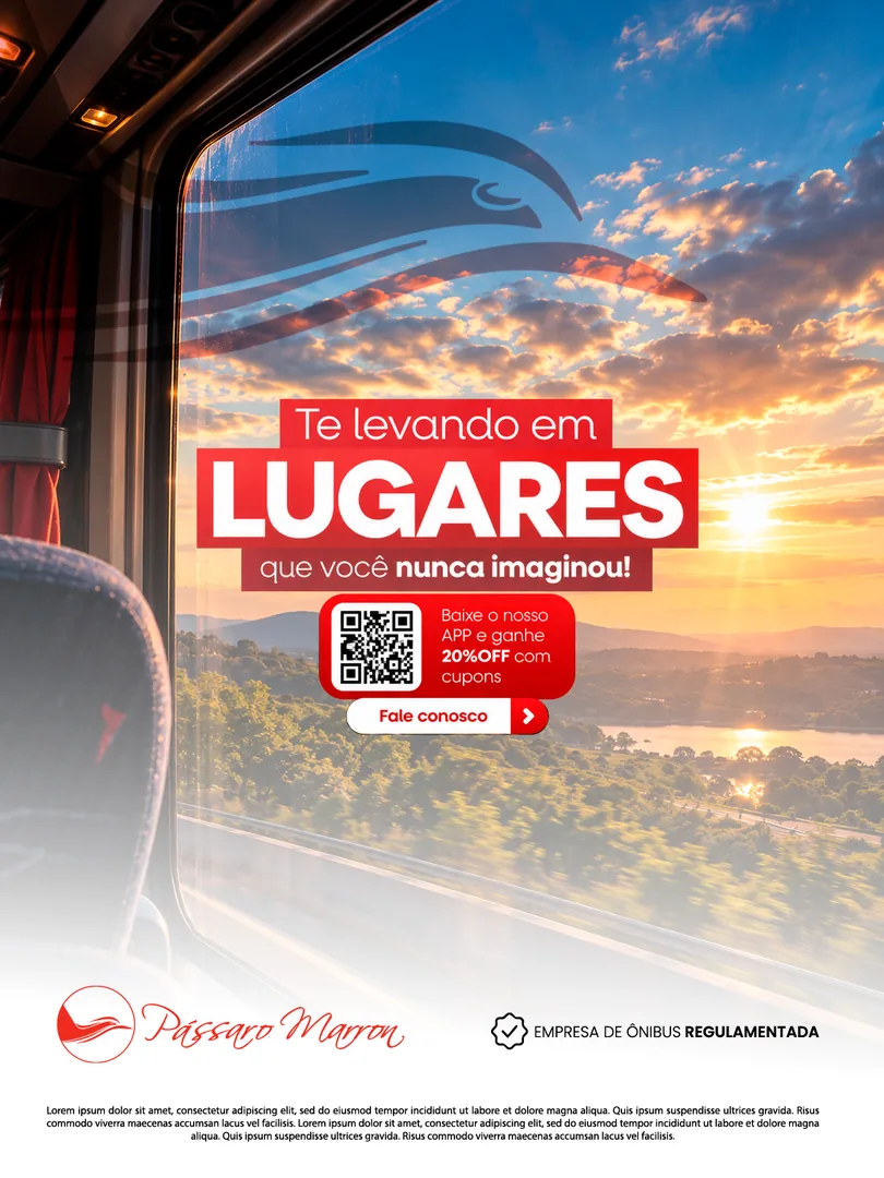 Post com vista do pôr do sol pela janela de um ônibus e o título “Te levando em lugares que você nunca imaginou”.