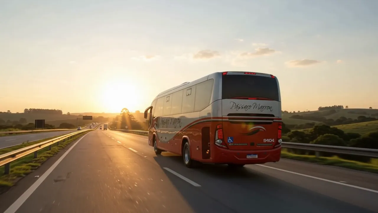 Ônibus visto de trás seguindo pela rodovia em direção ao sol se pondo no horizonte.