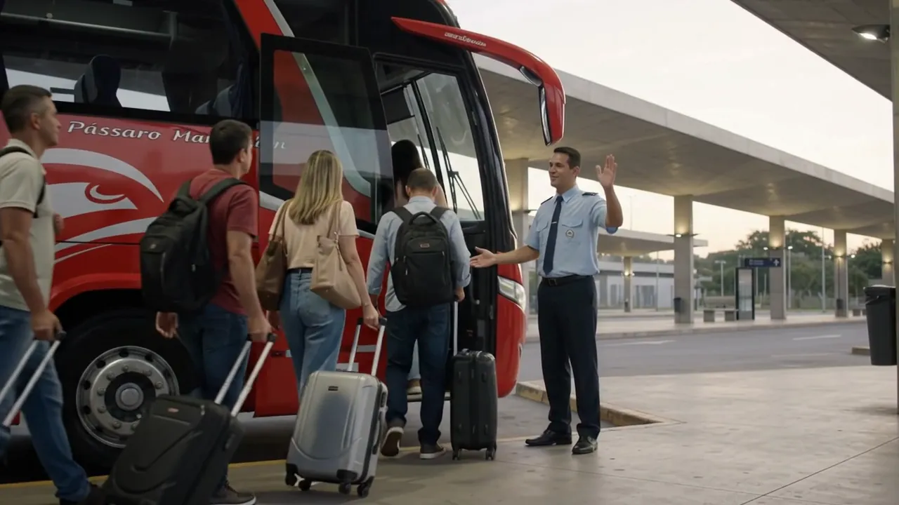 Passageiros com malas embarcando no ônibus enquanto um funcionário uniformizado os recebe na porta.
