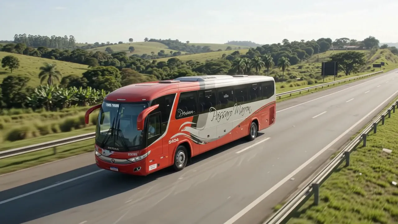 Ônibus percorrendo uma rodovia de pista dupla cercada por morros verdes e vegetação tropical.