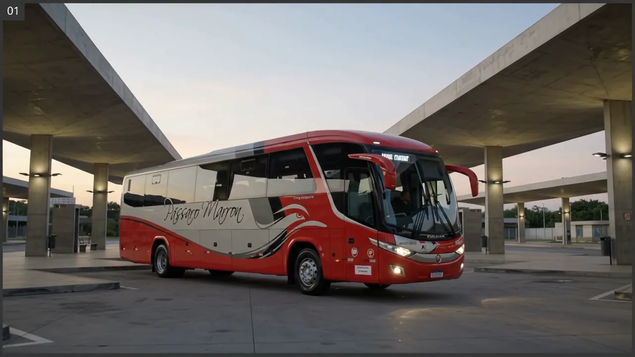 Ônibus vermelho e prata da Pássaro Marron parado sob a cobertura de concreto de um terminal rodoviário ao entardecer.